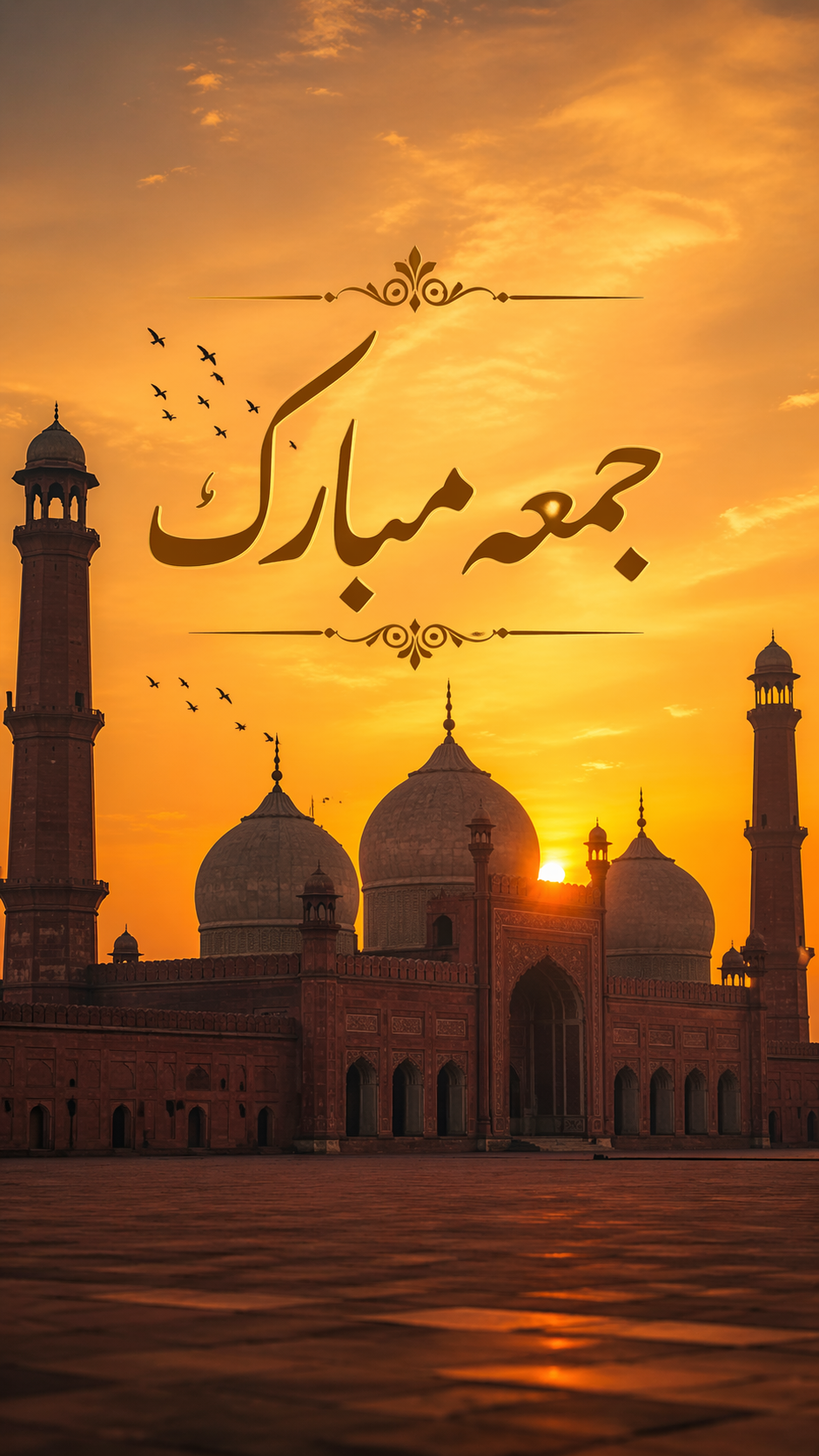 Mughal-style mosque silhouette at sunset for Jummah Mubarak Urdu greeting, vertical format